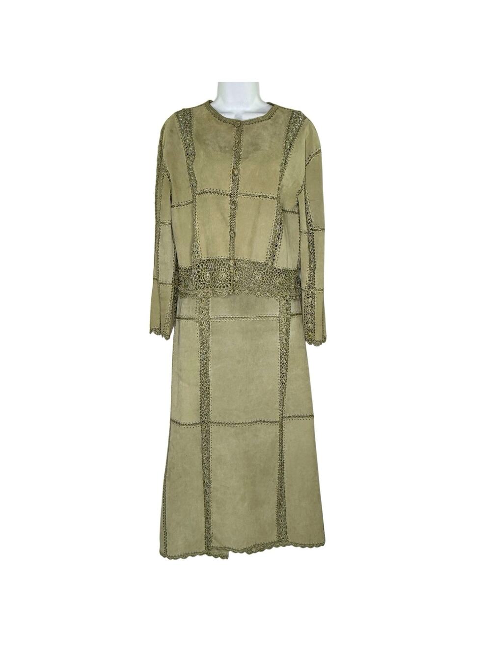 Vintage S.M.H Olive Leather Crochet Trim M Jacket Skirt Set Western Rodeo *flaw